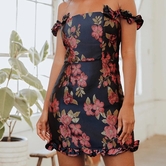 Lulus Dresses & Skirts - NWT Navy Blue Floral Jacquard Ruffled Mini Dress